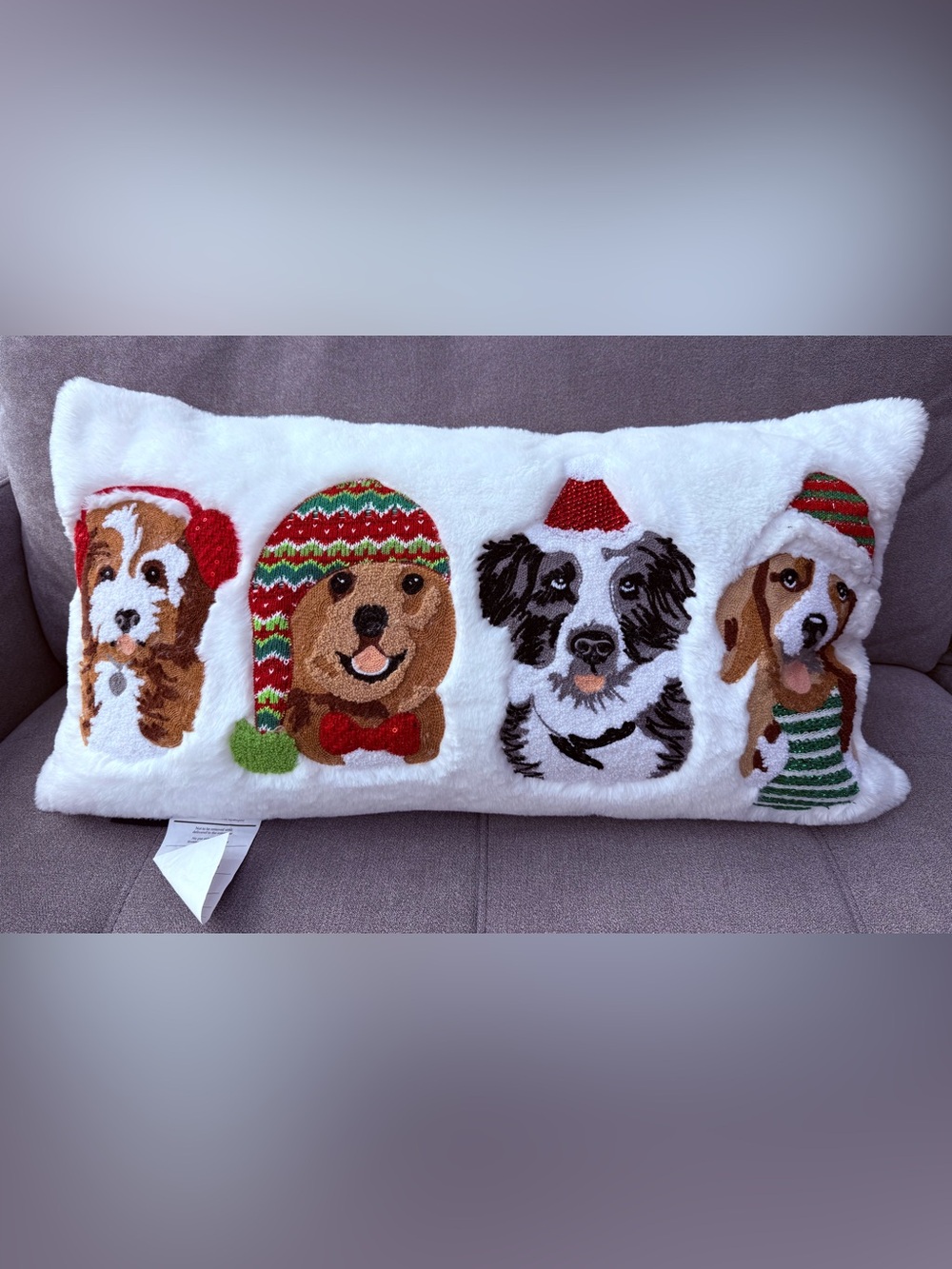 MILLIHOME brand Holiday Dog Plush Pillow in White with Red & Green Accents